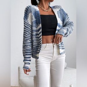 White and blue color-block cardigan